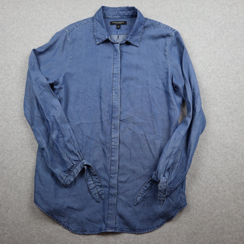 Banana Republic Shirt Womens Medium Dillon Blue Tie Cuff Button Down Long Sleeve